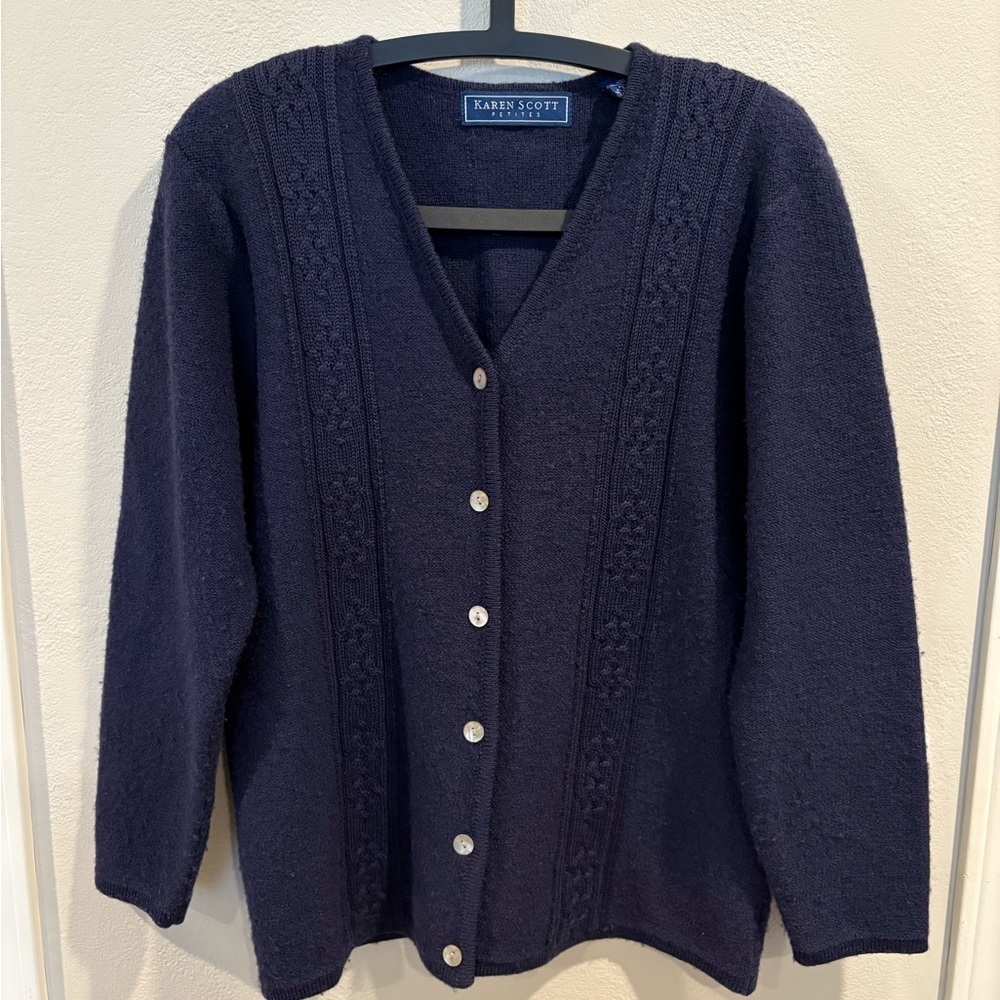 Karen Scott Australian Wool Waist Length Navy Blue Cardigan Women’s Size Pet L - Picture 2 of 13